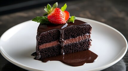 Decadent Chocolate Cake Slice Garnished with Fresh Strawberries and Mint Leaves - Perfect Dessert for Celebrations, Bakery Displays, and Indulgent Culinary Moments