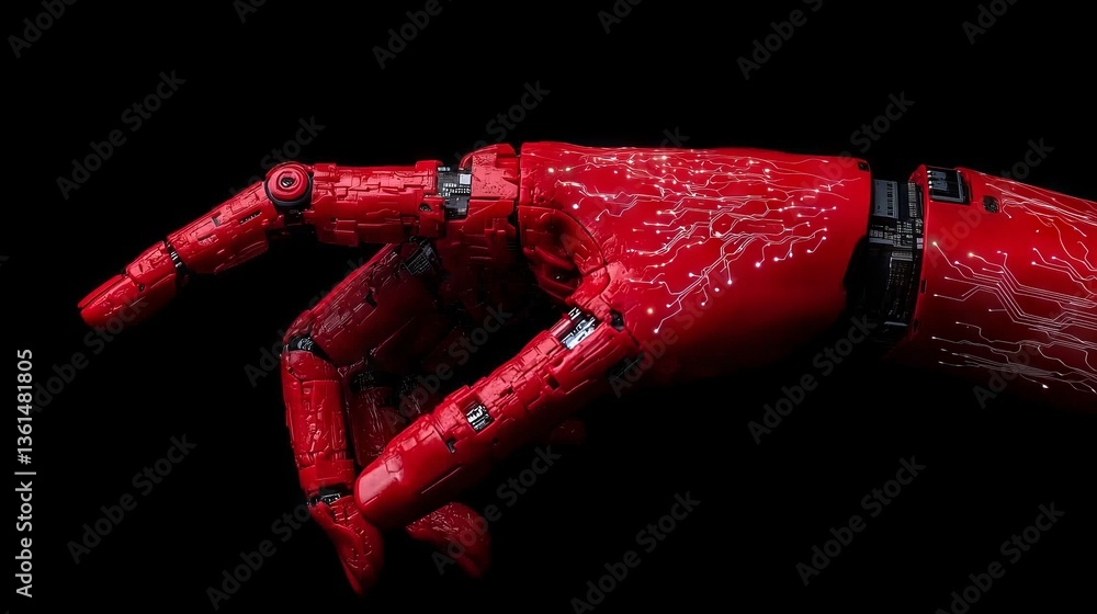 Poster futuristic red robotic hand showcasing advanced technology in a dark environment close-up view of in