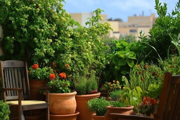 Fototapeta premium A small yet vibrant Mediterranean urban garden bursting with color and life in a cozy city setting.