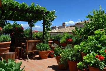 Obraz premium A small yet vibrant Mediterranean urban garden bursting with color and life in a cozy city setting.