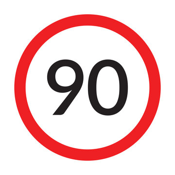 Speed limit 90km round road traffic icon sign flat style design vector illustration set isolated on white background. Circle standard road sign with number kmh in eps 10.