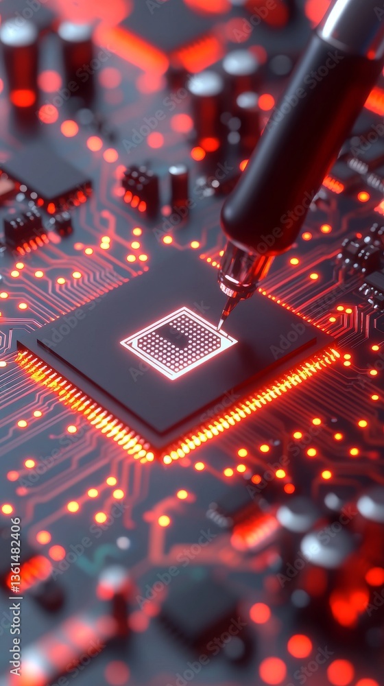 Poster high-tech microchip circuit board assembly in modern laboratory close-up perspective futuristic tech