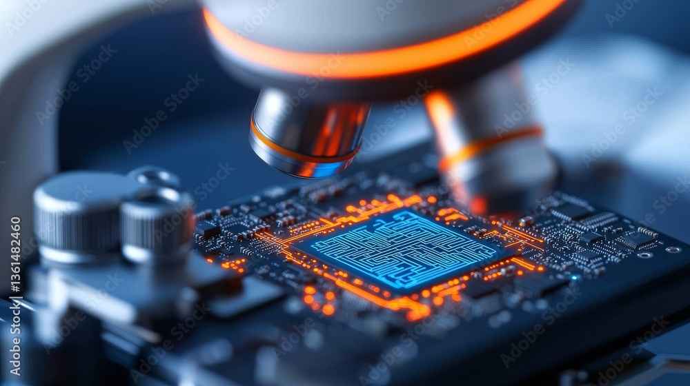 Poster high tech microscope examining circuit board laboratory technology analysis scientific environment c