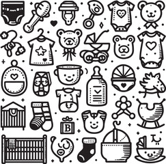 Vector set of hand-drawn christmas icons includes food, drink like coffee and tea, cake, and gift symbols for holiday design