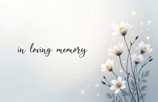 Condolence card illustration featuring in loving memory text. Delicate white flowers, black stems, leaves. Suitable for obituaries, memorial services, sympathy cards, expressing grief, mourning.