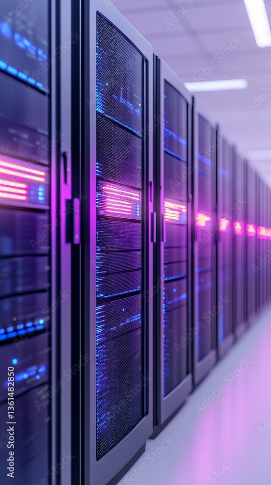 Poster modern data center server racks showcase high-tech facility digital infrastructure controlled enviro