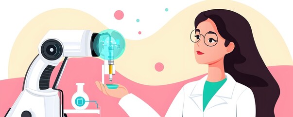 Female Scientist Collaborating with Robotic Arm in Laboratory Environment