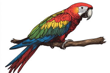 Fototapeta premium Colorful macaw perched on a branch showcasing vibrant feathers in a naturalistic illustration setting Generative AI
