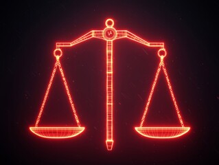 Illuminated neon wireframe scales of justice digital space 3d visualization dark background futuristic concept