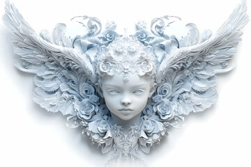 Serene White Angel Sculpture with Intricate Floral Wings