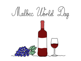 Greeting Card Malbec World Day.Glass bottle with wine,port, alcohol and grapes, bunch of grapes. wine glass, continuous single line art drawing sketch, logo