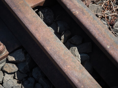 Close-up of train tracks for travel or transportation background.    