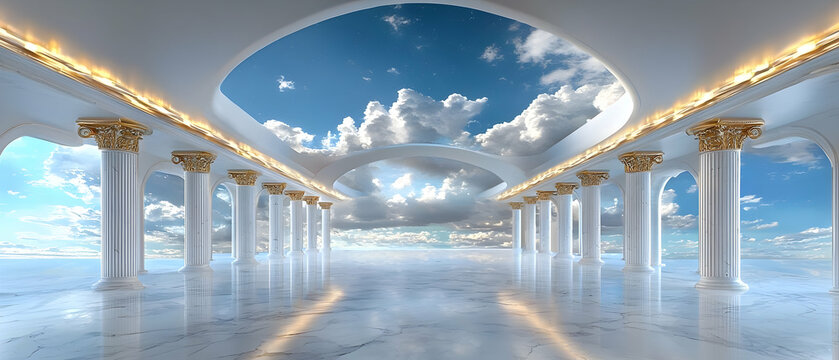 Serene White Marble Hallway with Golden Accents and Skylight