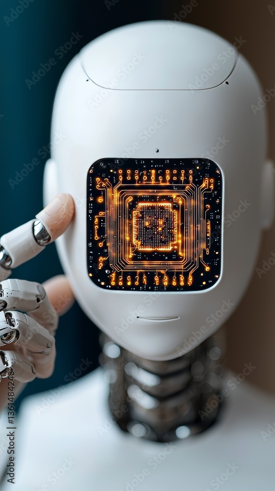 Poster futuristic robot head with visible circuitry modern studio digital art high-tech environment close-u