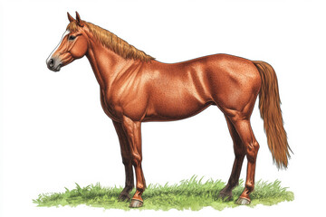 Obraz premium Brown horse standing gracefully on green grass in a serene environment during daylight, showcasing its muscular build and shiny coat Generative AI