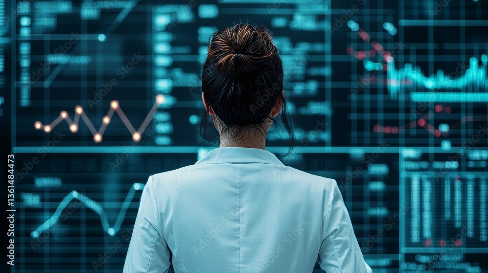 Poster businesswoman analyzing data metrics in modern office digital environment professional perspective d