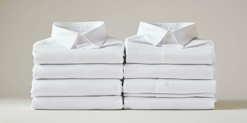 Freshly Folded: A collection of perfectly folded crisp white shirts, a testament to impeccable grooming and style, ideal for concepts of fashion and retail.