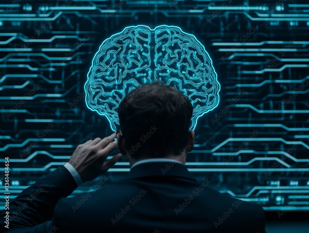 Poster man contemplating digital brain technology in futuristic setting focused on innovation and knowledge