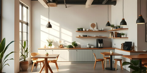A bright and modern cafe interior with wooden furniture and plants