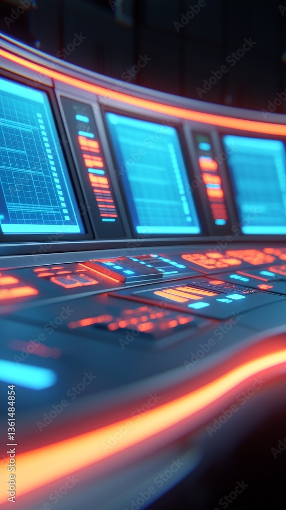 Poster futuristic control panel interaction high-tech laboratory digital display neon glow close-up view in