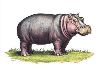 Naklejka premium Detailed illustration of a hippo standing on grass during daylight Generative AI