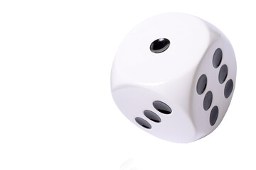 Isolated large white die or dice with black dots on white background, template of a die or dice, gambling addiction or table game concept, copy space