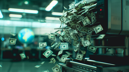 Fototapeta premium Cash Cascade: US dollar bills are dramatically displayed, floating in an economic context, symbolizing wealth, money, prosperity, and abundance.