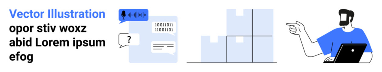Man with laptop pointing at stacked boxes, speech bubble with analytics, charts, and reports. Ideal for logistics, warehouse operations, business strategy, data analysis, remote work project
