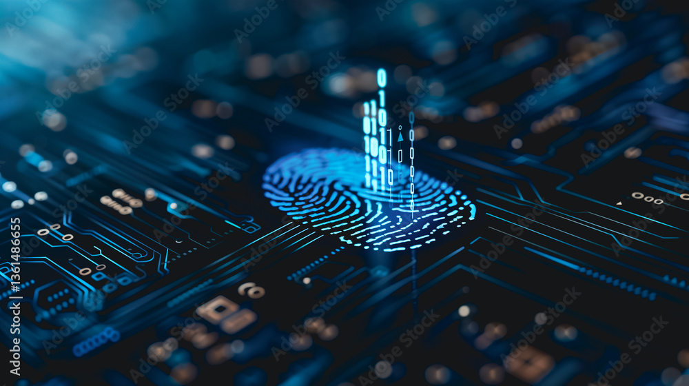 Poster digital security: a close-up shot of a glowing fingerprint overlaid on a circuit board, symbolizing 