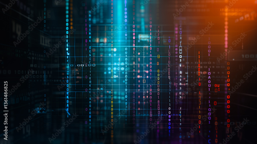 Poster digital data stream: a dynamic display of digital data streams flowing across a dark space, embodyin