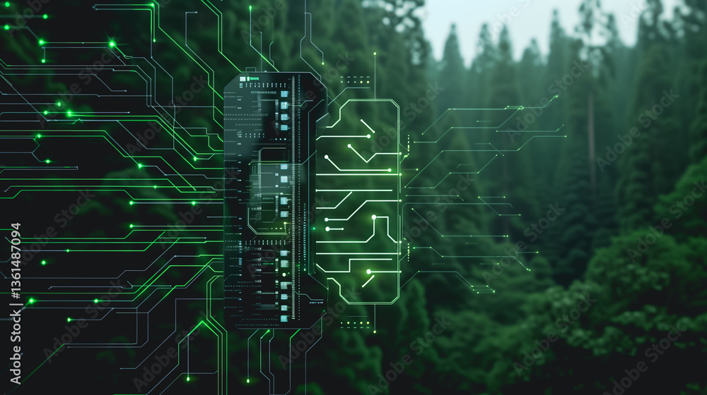 Poster ai-nature fusion: merging technology and nature, the image portrays a circuit board design in the fo