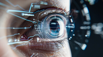Eye of Future: A close-up shot of an eye overlaid with futuristic digital elements, suggesting advanced technology and vision, against a dark backdrop.