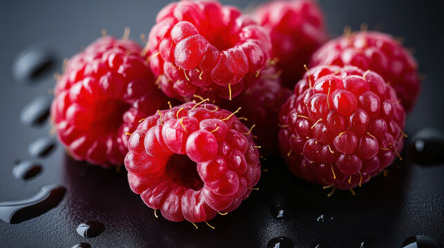 Close-up of ripe raspberries with natural moisture, subtle variation in reds, placed on black reflective surface