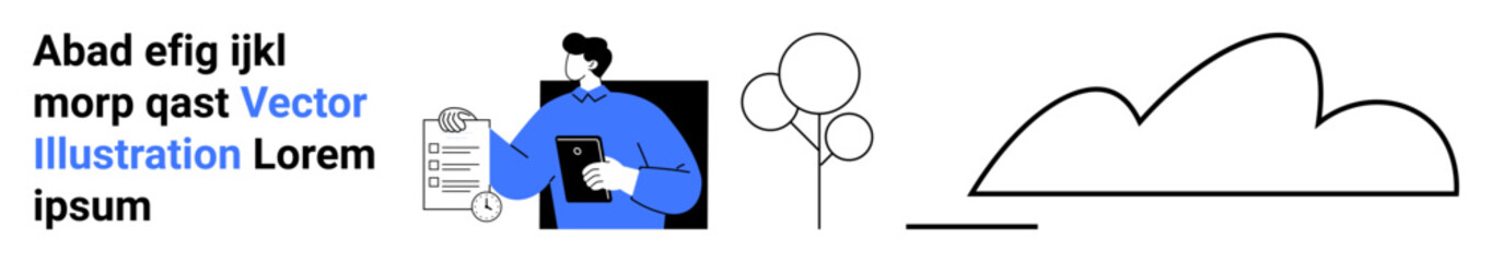 Person holding a tablet near a checklist, minimalist balloons, and cloud line art. Ideal for business review, planning, celebration, creativity, concept visualization, modern design simple landing