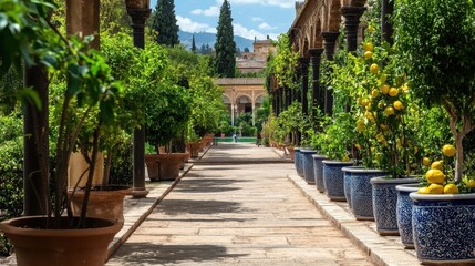 Obraz premium Enchanting traditional Andalusian Mediterranean garden adorned with vibrant blue accents and lush greenery.