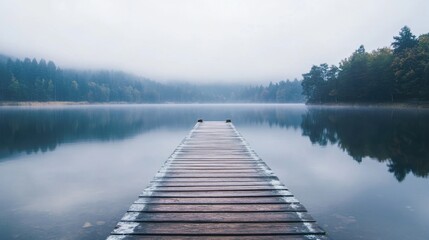 Naklejka premium Pier into the Mist: An ethereal view of a wooden pier stretching out towards a misty lake, inviting contemplation, calmness, and serene atmosphere. 