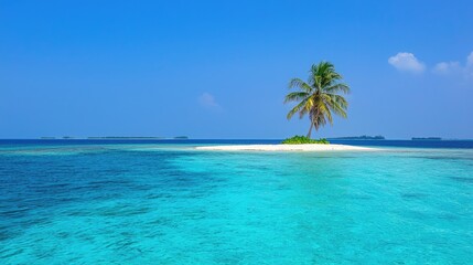 Tiny Island with Palm Tree in Turquoise Sea