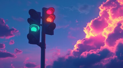 Green light, traffic signal, sunset, colorful clouds, city street