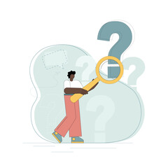 Question concept. A man holds a magnifying glass and examines through it at points of questioning.eps