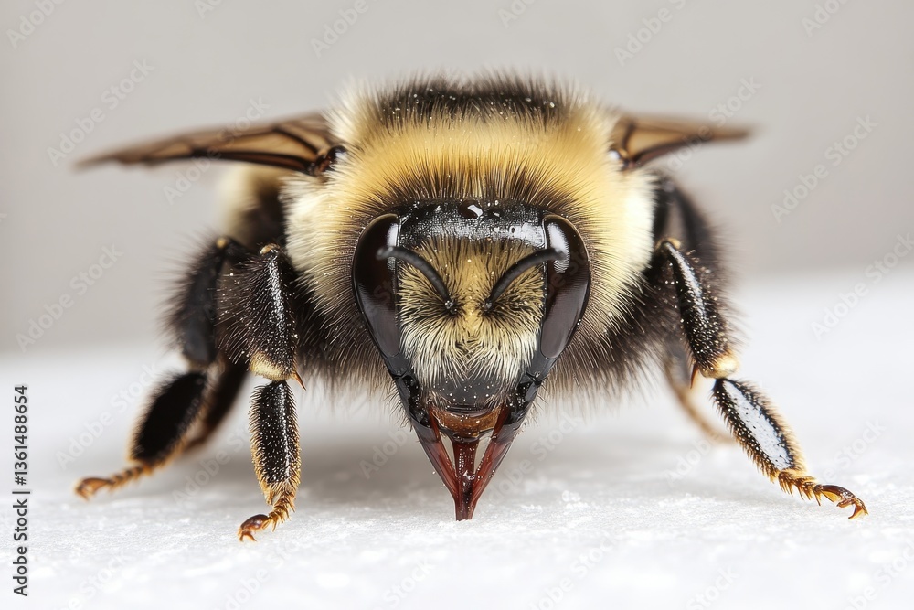 Poster close view of a bee collecting nectar with detailed focus on its features and activity in a natural 