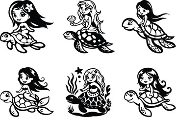 A Cute girl sitting on a turtle creative vector illustration set, A Cute girl sitting on a turtle line art and silhouette vector art design