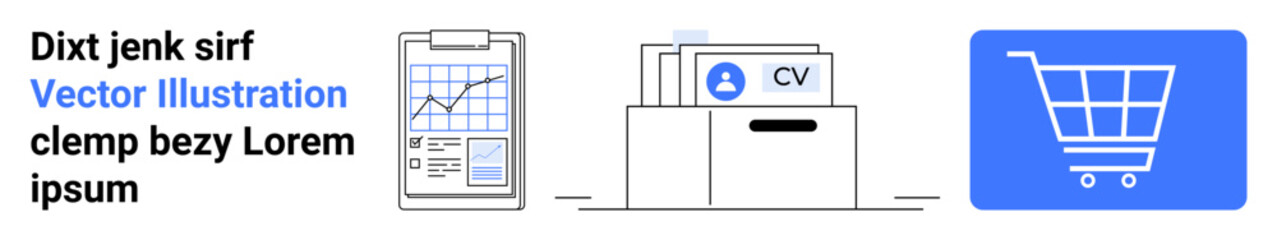 Chart on tablet, CVs in a file box, and shopping cart focus on data tracking, recruitment, and online shopping. Ideal for HR tools, e-commerce, analytics, hiring business tech simple landing page