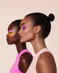 Bold beauty showcase with vibrant makeup styles enhancing diverse features in a minimalist setting