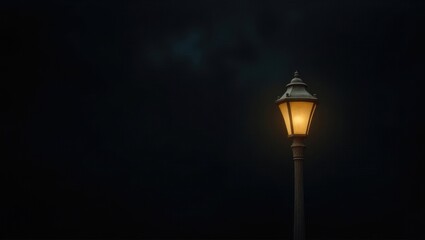 Illuminated Street Lamp Post at Night Dark Background Single Light Source Atmospheric Warm Light