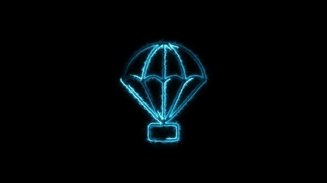 A glowing neon parachute icon animates as it gently floats down, with the soft pulsing glow intensifying with each movement. the parachute icon appears to sway in the air.