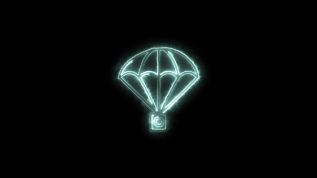A glowing neon parachute icon animates as it gently floats down, with the soft pulsing glow intensifying with each movement. the parachute icon appears to sway in the air.
