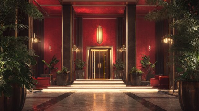 Luxurious hotel lobby with red decor, elegant lighting, and lush plants