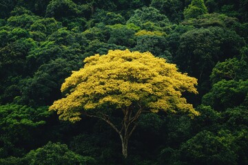 Fototapeta premium Emerald Canopy: A vibrant yellow tree stands as a beacon of life amidst a sea of lush green foliage, captured in a high-definition shot that emphasizes the rich textures of the forest. 
