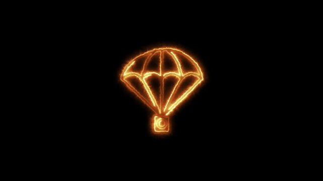 A glowing neon parachute icon animates as it gently floats down, with the soft pulsing glow intensifying with each movement. the parachute icon appears to sway in the air.