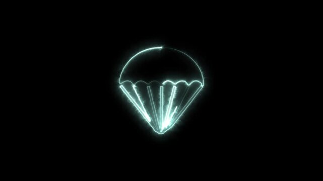 A glowing neon parachute icon animates as it gently floats down, with the soft pulsing glow intensifying with each movement. the parachute icon appears to sway in the air.